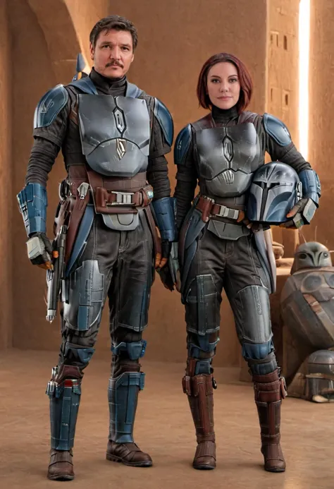 medium shot, 1boy, 1girl, Bo-Katan Kryse Mandalorian and Mandalorian Pedro Pascal, posing for a photo, (sharp focus, highly detailed, 4k, 8k, best quality, masterpiece, ultra highres:1) 
 <lora:Mandalorian_Din_Djarin_SDXL:0.9>
 <lora:Bo-Katan_Kryse_Mandalorian_Queen:0.7>