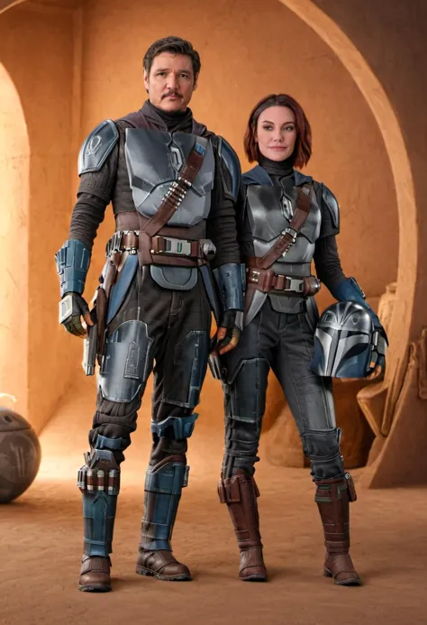 medium shot, 1boy, 1girl, bo-katan kryse mandalorian and mandalorian pedro pascal, posing for a photo, (sharp focus, highly deta...