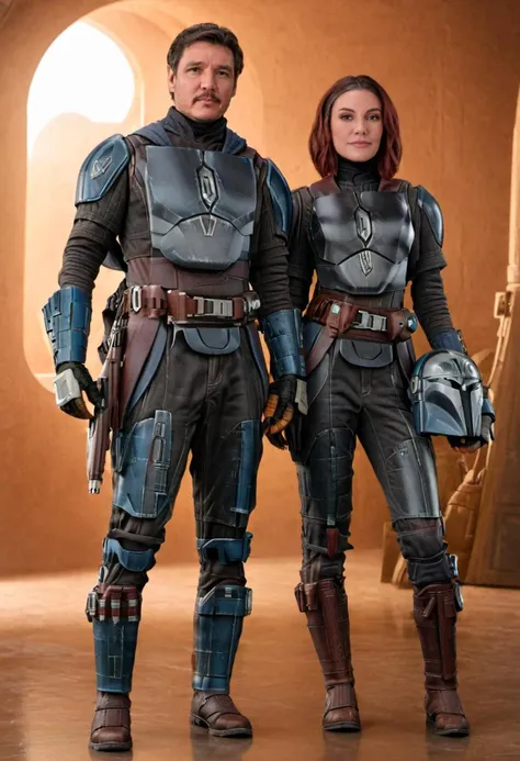 medium shot, 1boy, 1girl, bo-katan kryse mandalorian and mandalorian pedro pascal, posing for a photo, (sharp focus, highly deta...