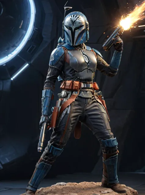 bo-katan kryse mandalorian <lora:bo-katan_kryse_mandalorian_queen:0.8> is holding a gun and is in a fighting stance wearing helm...