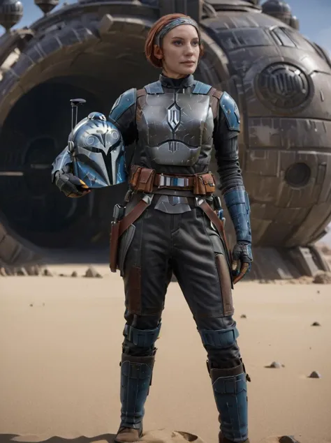 (full body1.5) hyper-realistic shot of bo-katan kryse mandalorian <lora:bo-katan_kryse_mandalorian_queen:0.8> holding a helmet w...