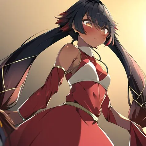 anime girl with long black hair and red dress standing in front of a sun