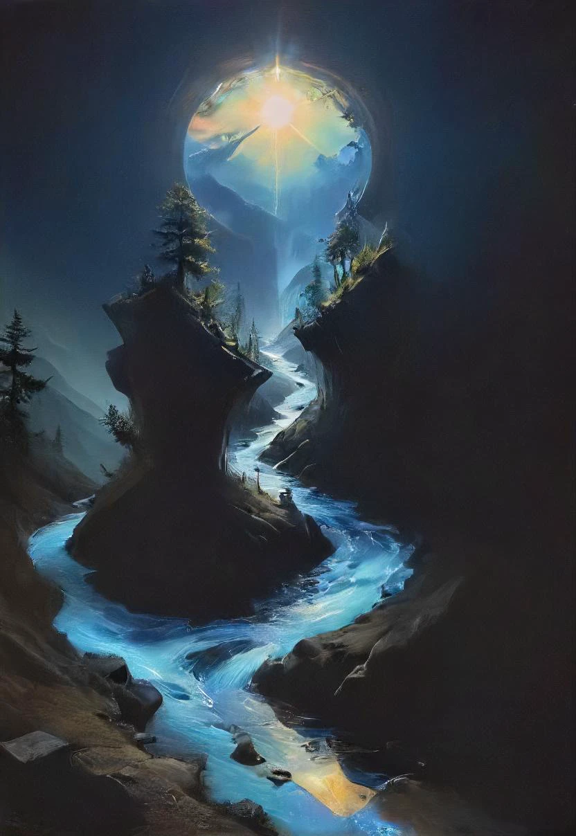 a glowing holographic compass leading to paradise on a pure dark liquid path, landscape, shadows, black mountain, night, translucent, otclillsn letitflrsh