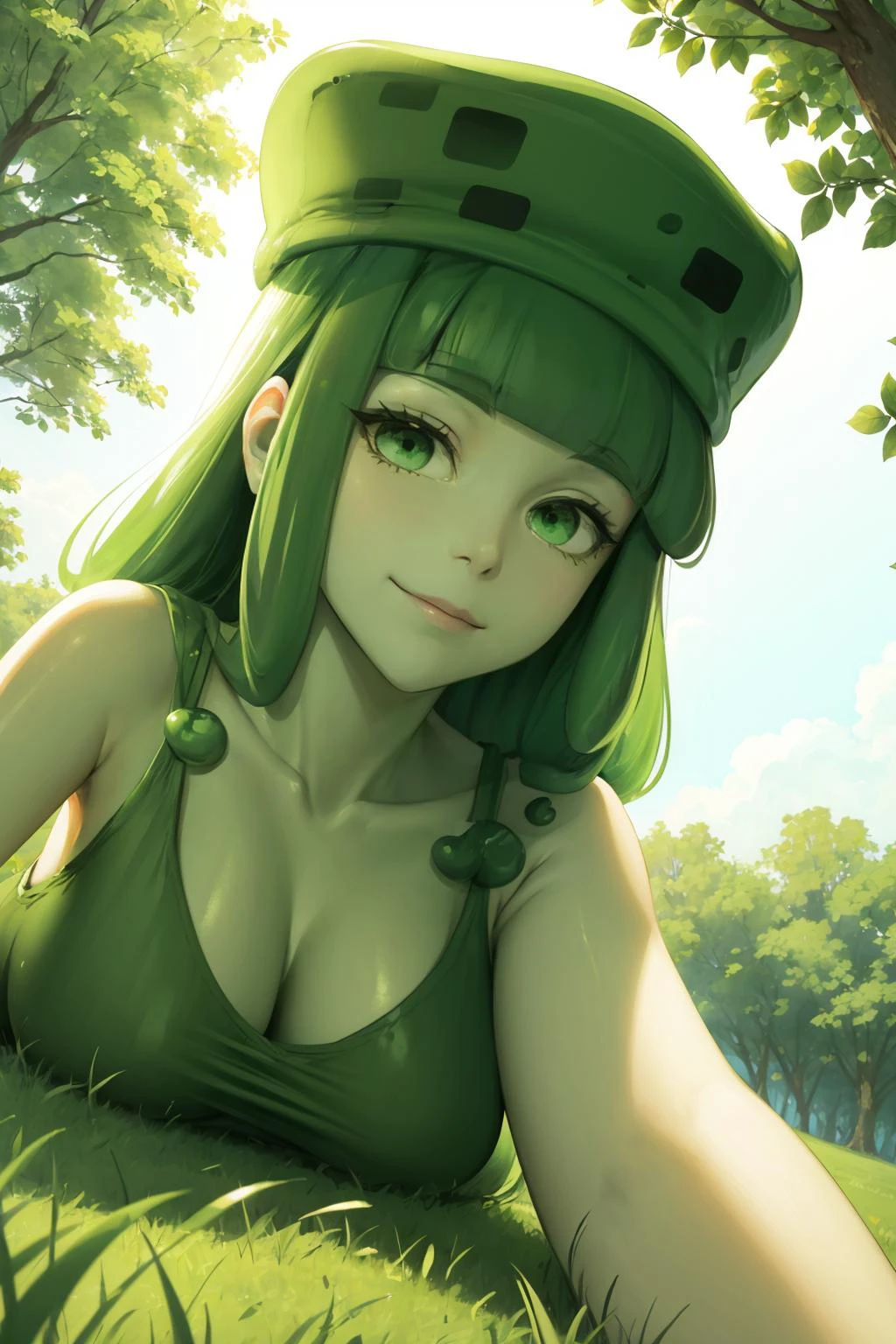 masterpiece, best quality, slim3, green skin, slime girl, green hat, green dress, large breasts, looking at viewer, from below, lying on stomach, grass, trees, field, smirk, furrowed brow 