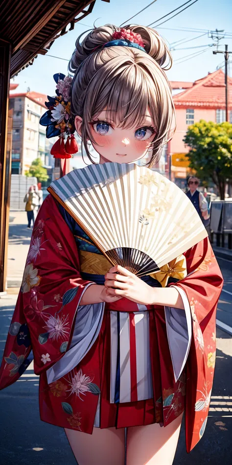 anime girl in kimono outfit holding a fan on a city street