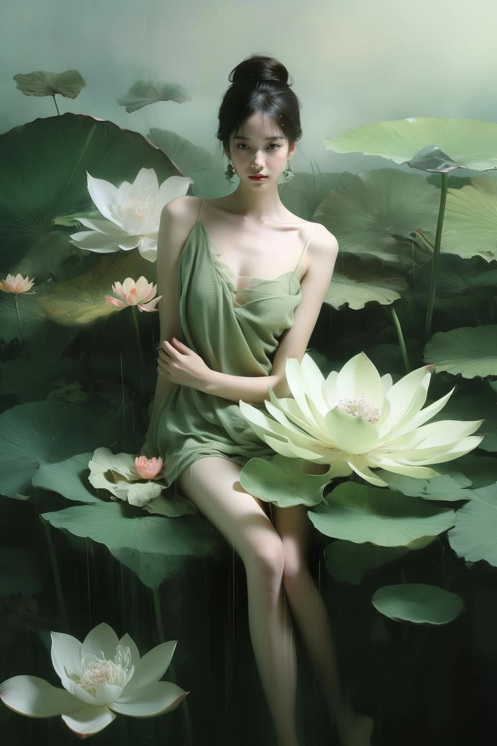 (masterpiece1.2),(best quality:1.2),highres,extremely detailed 8k wallpaper,very clear,realistic,1girl,full body,legs,bare thigh,(rainy),(soft smile),bare shoulders,chest covered by lotus_leaf,cleavage,collarbone,neck,(foggy,mist),earrings,solo,white (lotus flowers),black hair,looking at viewer,long hair,portrait,lips,hair bun,makeup,expressionless,black eyes,tender green,(lotus leaves),DOF,soft light,gongbi color ink style,