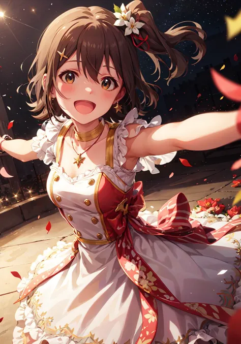 mirai kasuga (million live), (best quality, 8K, masterpiece, ultra detailed:1.2), (cinematic angle), dynamic pose, colorful, splendid, light particles, lens flare, depth of field, blurry, blurry background, multiple others, backlighting, falling petals, confetti, milestone celebration, livestage, spotlight, audience, mirror ball, wind, floating hair, arena, star \(symbol\), starry sky, beautiful sky, constellation, shooting star, 1girl, solo, idol, blush, beatutiful eyes, hair ornament, necklace, idol dress, flying sweatdrops, ribbon, emblem, botton, double-breasted, shiny skin, shiny hair, earrings, hair ribbon, wristband, :d, outstretched arms,