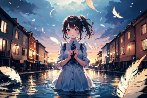 absurdres, highres,
(1girl, solo), big eyes,
townscape,
(Water Effects, Light Effects, Fluttering Feathers:1.2),