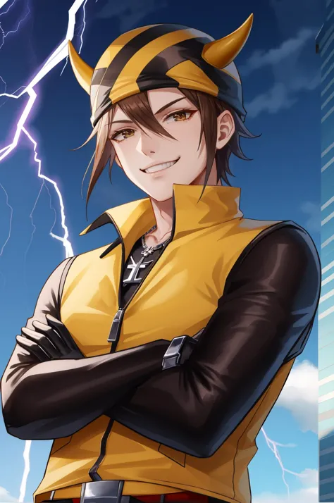 a man in a yellow jacket and black pants standing in front of a lightning