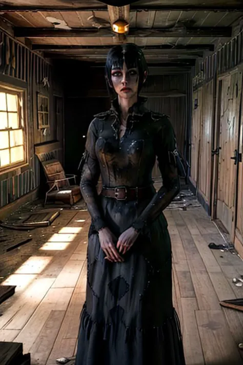 1 mulher, coração sombrio, 
jogo de sombras , abandonado_estilo , standing inside of abandonado cabin
solo focus, textura da pele de alta qualidade, Roupas detalhadas, composição estética, 8K