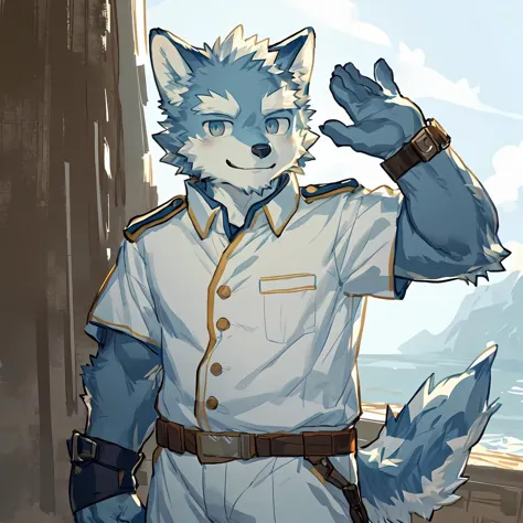 (((by milkytiger1145, by dendryte axxon))), furry, kemono, solo, young, aged down, argo, wolf, uniform, looking at viewer, evil ...