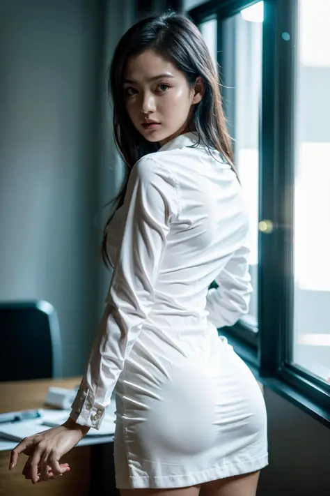 portrait of a 25 years old office lady, black hair, in office suit, detailed face, looking at the viewer, pure white background, short skirt, bent over, from behind, trending on tumblr,
<lora:yusi:0.65>, ((masterpiece)),(best quality),(highres),Highly detailed RAW color photo,extremely detailed,photo-realistic,realistic,incredibly absurdres,highly detailed,sharp focus,, (professional studio lighting),(professionally color graded),rim light,dramatic lighting,cinematic lighting,lumen reflections,soft natural lighting,muted color,photon mapping,radiosity,