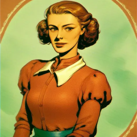 a close up of a woman in a red shirt and green skirt