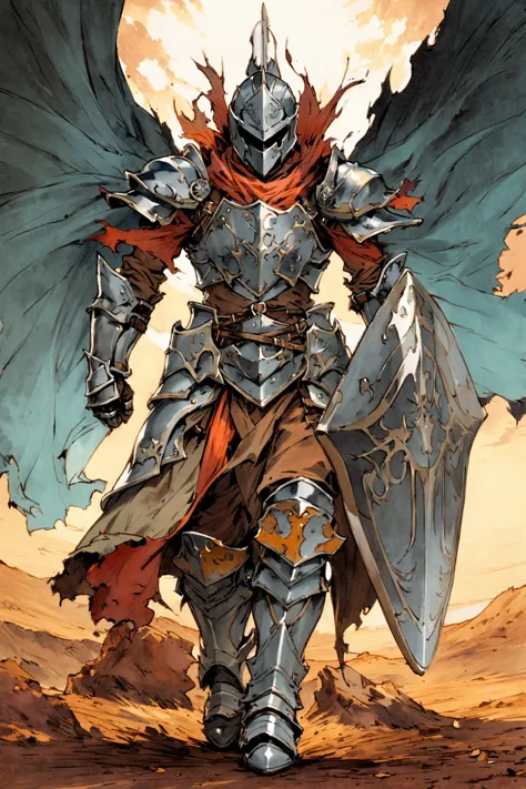 a drawing of a knight in armor walking through a desert