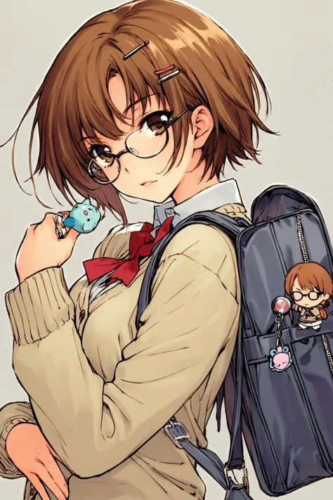 1girl,solo,bag,skirt,brown hair,hair ornament,keychain,short hair,hairclip,charm (object),backpack,brown eyes,glasses,pleated skirt,cardigan,white background,cowboy shot,simple background,long sleeves,school uniform,holding,bag charm,looking at viewer,miniskirt,shirt,standing,school bag,traditional media,<lora:Takeshi Kazaki_XL:0.8>,