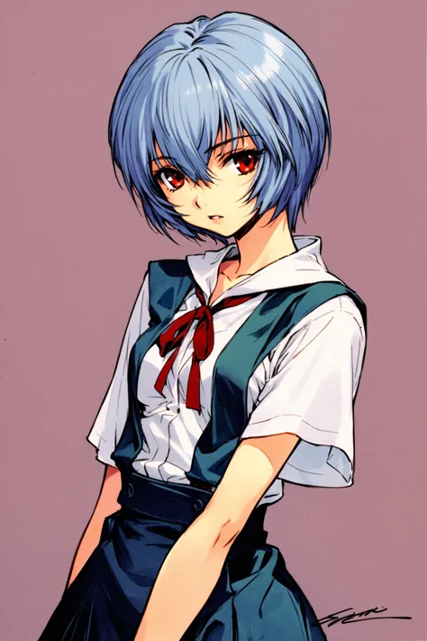 1girl,ayanami rei,solo,red eyes,short hair,school uniform,blue hair,tokyo-3 middle school uniform,signature,short sleeves,hair between eyes,suspender skirt,purple background,bangs,purple theme,shirt,cowboy shot,looking to the side,skirt,white shirt,looking at viewer,parted lips,suspenders,traditional media,<lora:Takeshi Kazaki_XL:0.8>,