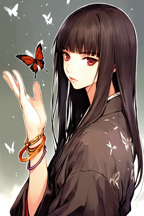 1girl,solo,japanese clothes,long hair,butterfly,bug,black hair,kimono,hime cut,bangs,bracelet,blunt bangs,jewelry,black kimono,red eyes,<lora:Takeshi Kazaki_XL:0.9>,