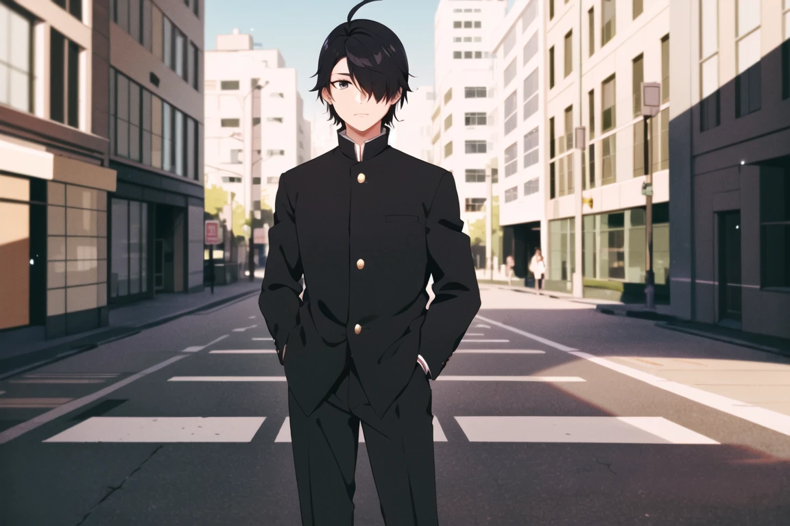 (masterpiece:1.2), best quality, intricate, stunning, extremely detailed, absurdres, illustration, cinematic shot, high school boy, tall, athletic, detailed face, detailed eyes, black eyes, black hair, hair over one eye, ahoge, wearing gakuran, detailed fabric emphasis, red buttons, standing, hands in pockets, naoetsu high school building, crosswalk,