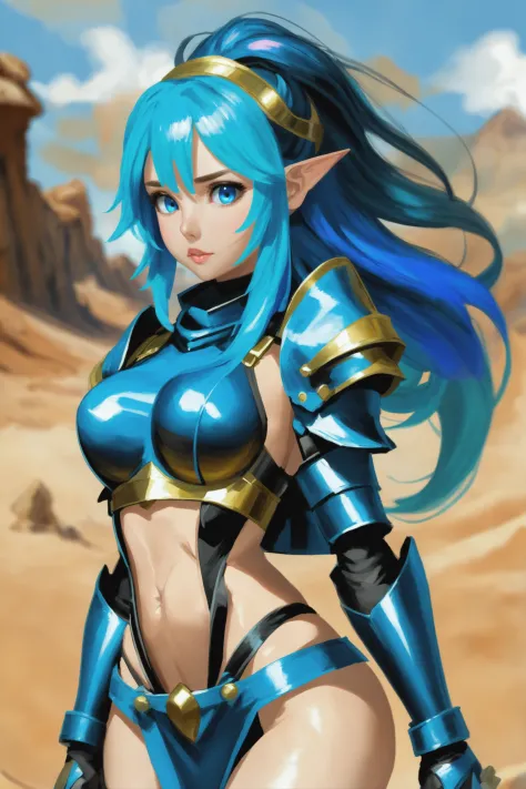 2010s anime style digital painting<lora:EnvySendNoodzXL01:-1>, 1girl, woman, desert heavy knight, pauldrons, bombshell hair, azu...