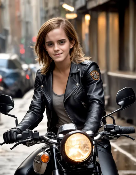 full body photo of Emma Watson wearing leather biker gear, on a motor bike, extremely high quality RAW photograph, detailed back...