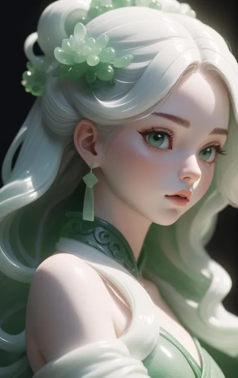 jade Sculpture,jade,realistic,1 girl,hair ornament,close up shot,pure white skin,cinematic light,