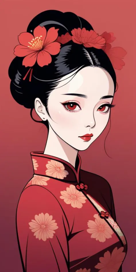 Un portrait minimaliste d&#39;une femme portant un cheongsam et des fleurs sur la tête avec des lignes effilées sur un fond dégradé rouge foncé,Fan Bingbing de mauvaise humeur,simple,lignes fines,image vectorielle,lignes abstraites,