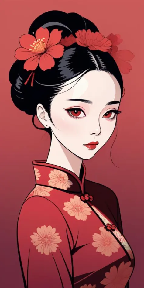 Un retrato minimalista de una mujer que lleva cheongsam y flores en la cabeza con líneas cónicas sobre un fondo degradado rojo oscuro,Fan Bingbing de mal humor,Simple,lineas finas,Imagen vectorial,lineas abstractas,