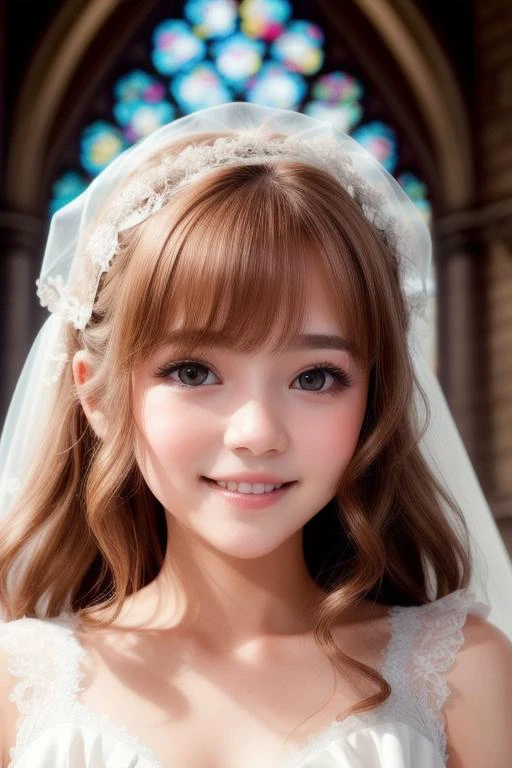 closeup portrait of a beautiful female, solo, , small breast, skinny, (pale skin)0.5, (freckles)0.6, (long wavy hairstyle, (brown haircolor)0.5), cute face, big eyes, light smile, blushing, dimples, detailed and intricate white lace wedding attire with frills, church, pov face, (light theme, dreamy)1.2