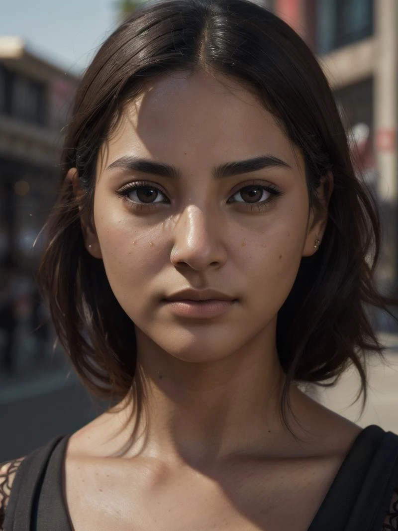 Hyperrealistic art of girl 21 yo, (establishing shot:1.5), Mexico,skin color Light brown, latina (face:Long Face, Round Eyes, [eye color hazel], straight nose, soft lip contours, high cheekbones, weak receding chin) brown blonde, by Satoshi Kon and Mike Mignola,  (black , alluring , masterful:1.4), poster art, bold lines, hyper detailed, expressive,  award winning,  (landscape:1.4), (intricate details, masterpiece, best quality:1.4),
key lighting , looking at viewer, dynamic pose, wide angle view,, (ultra detailed eyes and face)dramatic, (masterpiece, best quality, high quality), hyperdetailed, highres, intricate detail, HDR, 8k, sharp focus, detailed background, extremely detailed face eyes lips nose, perfect hands, realistic eyes, detailed skin texture, subsurface scattering, realistic, temple, dark, photorealistic,, Extremely high-resolution details, photographic, realism pushed to extreme, fine texture, incredibly lifelike