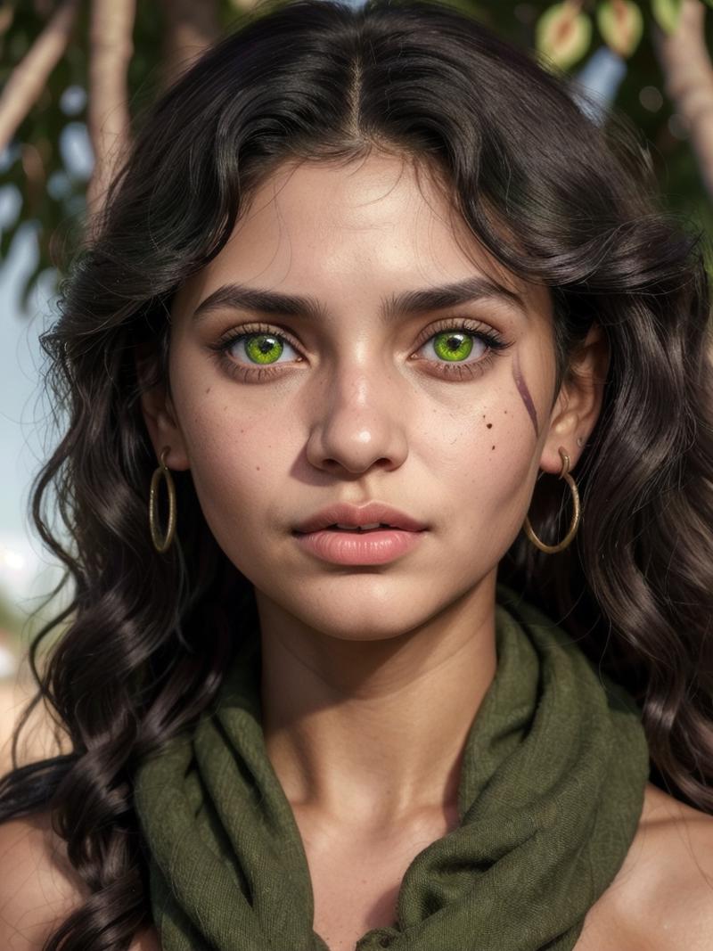 A woman with green eyes and a scarf on her neck - SeaArt AI