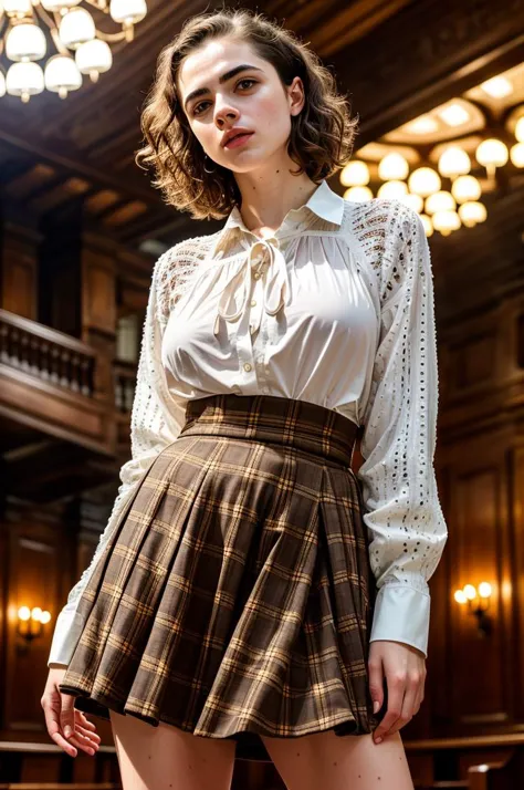 a woman in a skirt and blouse standing in a room