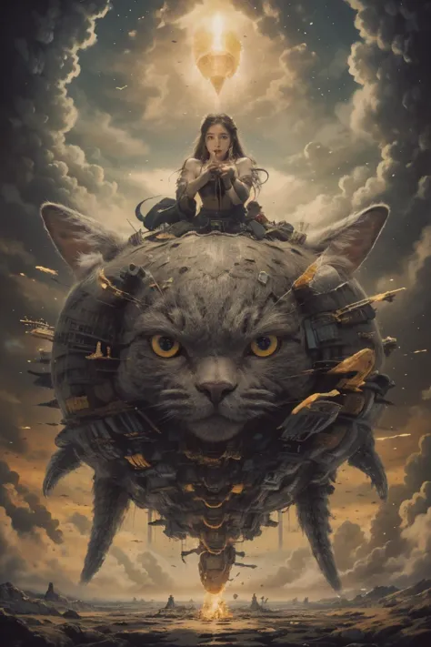 a woman sitting on top of a cat with a sky background