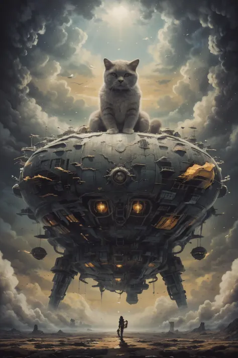 a cat sitting on top of a large spaceship in the sky