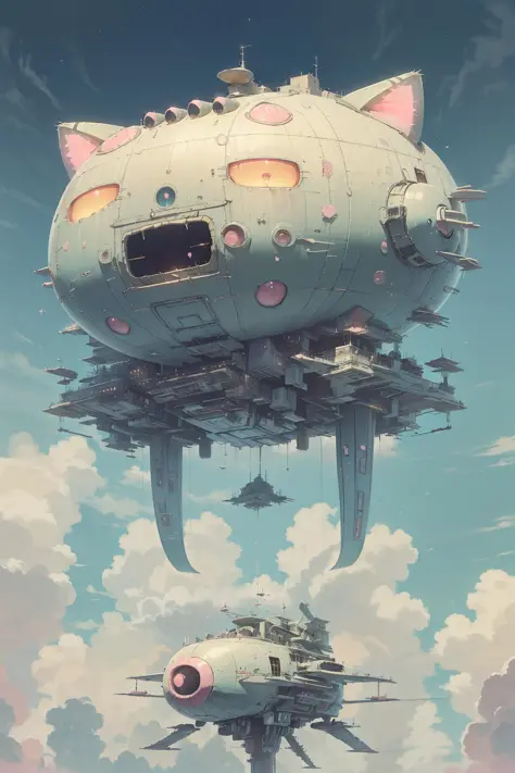 best quality,masterpiece,Megalophobia,giant phobia,(((Giant cat aircraft, cat ears, cat face))),cloud,sky,in sky,low angle,Symmetrical composition, (kawaiitech,pastel color, kawaii, cute colors ,scifi, pink)