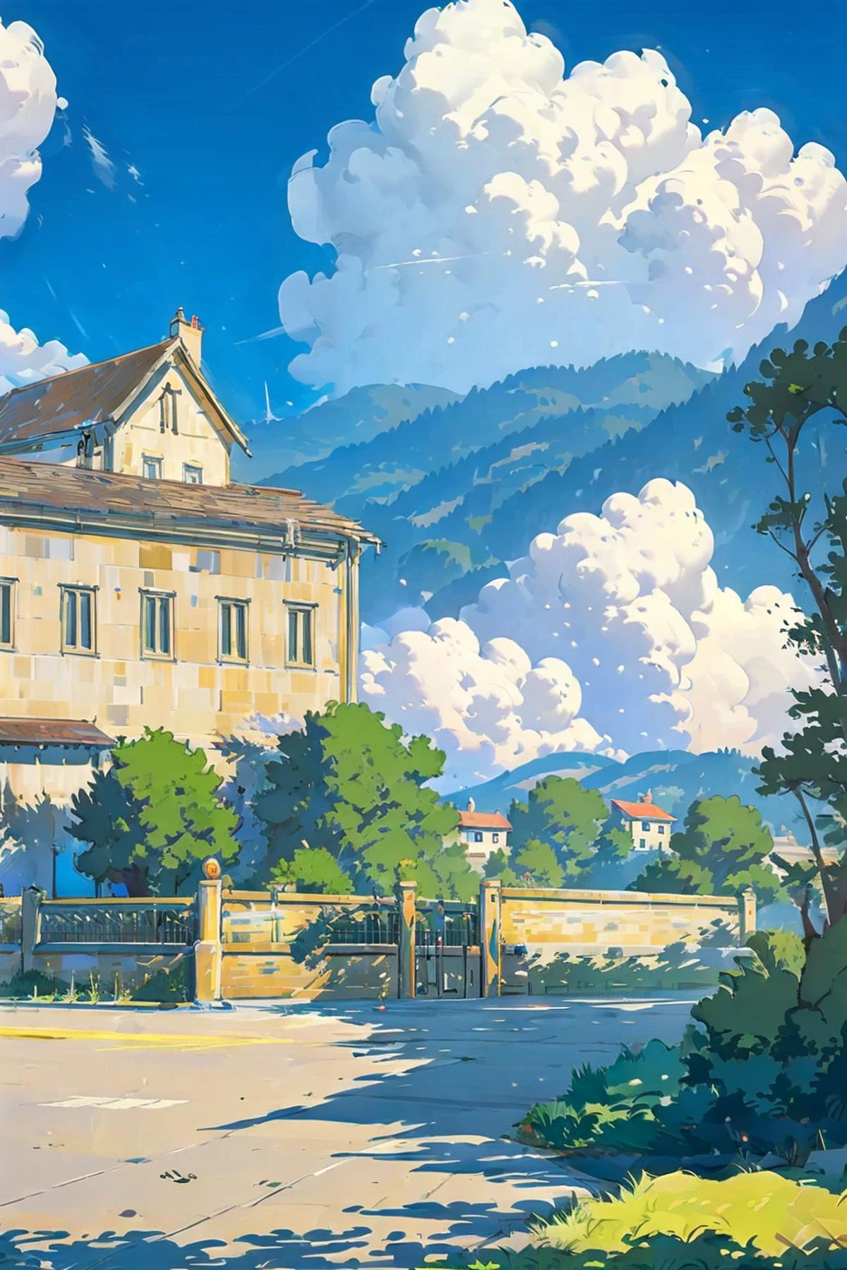 en plein air, ciel, jour, paysage, pas d&#39;humains, blue ciel, bâtiment, nuage, maison, arbre, lampadaire,maison,lumière du soleil,  