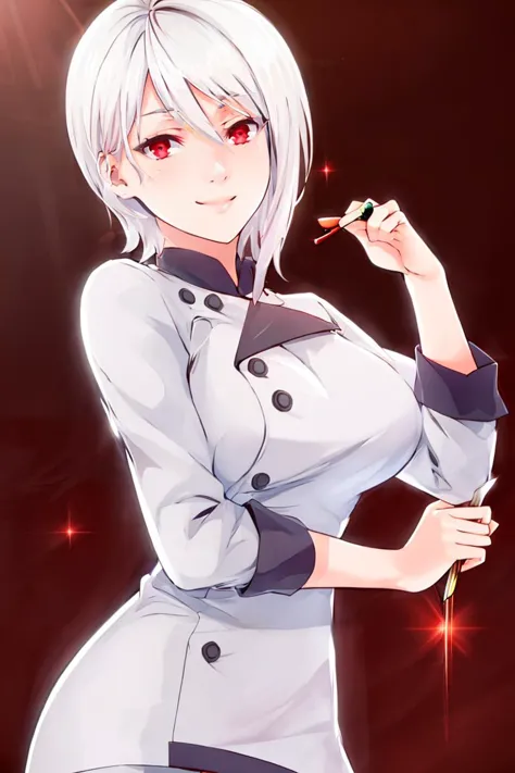 anime girl with white hair and red eyes holding a knife