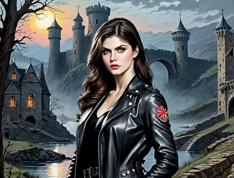 arafed image of a woman in a leather jacket standing in front of a castle