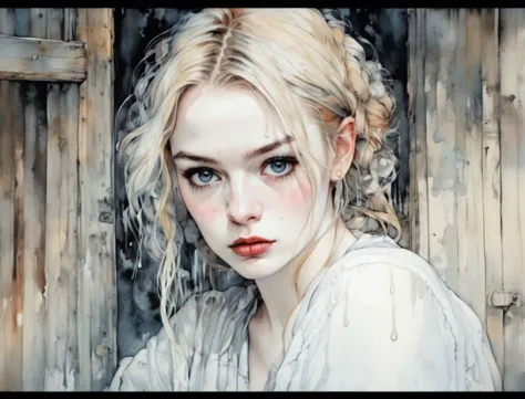 painting of a woman with a messy hair and blue eyes