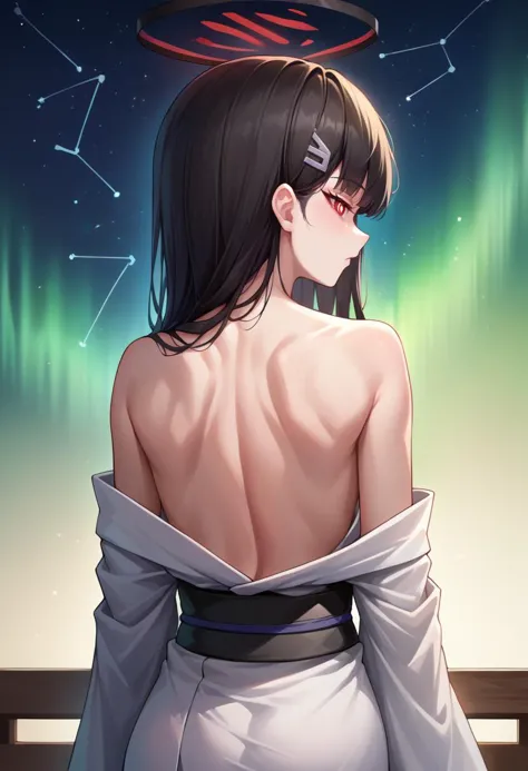 score_9, score_8_up, source_anime, 1girl, solo, TsukatsukiRio, black hair, red eyes, ringed eyes, white pupils, hairclip, halo, aurora, back, bare back, bare shoulders, constellation, from behind, kimono, light particles, long sleeves, off shoulder, <lora:ChamRioTsukatsukiPonyXL-000007:1>