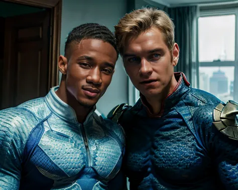 two men in blue costumes standing next to each other