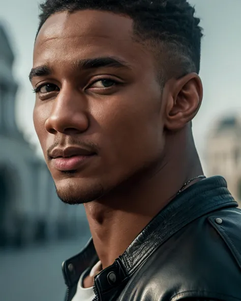 a close up of a man in a leather jacket looking at the camera