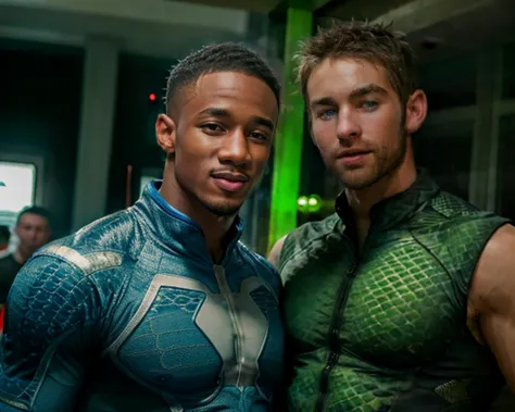 two men in green costumes standing next to each other