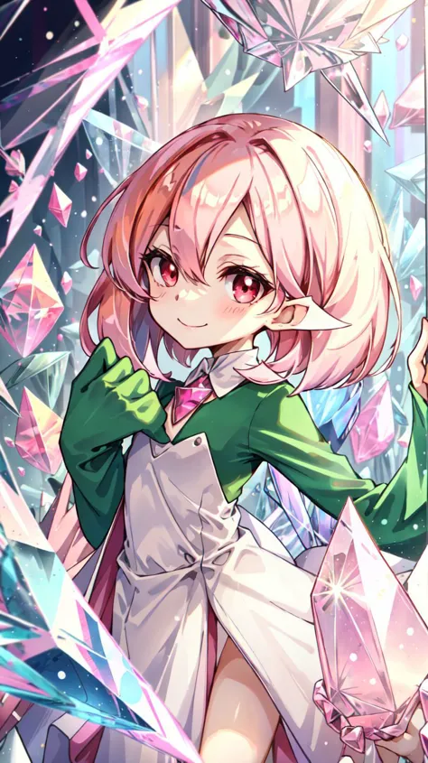 anime girl with pink hair and green shirt holding a crystal