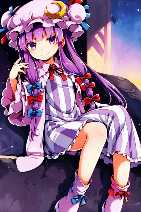 <lora:hoshino_fuuta_style:0.8>,
patchouli knowledge, 1girl, dress, (purple hair, purple eyes:1), long hair, mob cap, crescent hat ornament, ribbon, dress, <lora:patchouli:0.9>, smile,