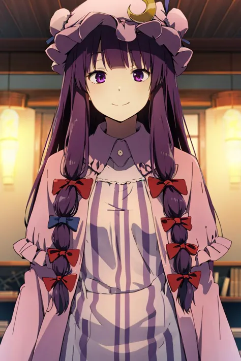 hyouka <lora:hyouka_offset:1>, 
patchouli knowledge, 1girl, dress, (purple hair, purple eyes:1), long hair, mob cap, crescent ha...