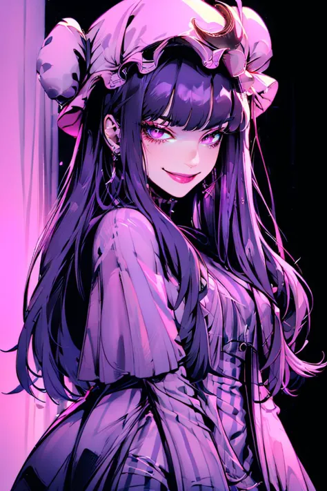 <lora:Minimalistic_Style:1>, black background,   pink background,
patchouli knowledge, 1girl, dress, (purple hair, purple eyes:1...
