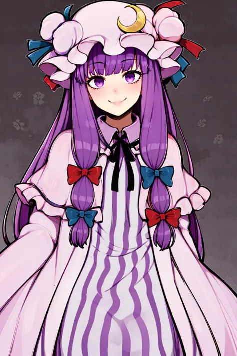 <lora:afrobull_style:0.8>,
patchouli knowledge, 1girl, dress, (purple hair, purple eyes:1), long hair, mob cap, crescent hat orn...