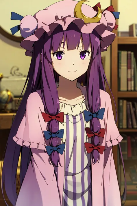 hyouka <lora:hyouka_offset:1>, 
patchouli knowledge, 1girl, dress, (purple hair, purple eyes:1), long hair, mob cap, crescent hat ornament, ribbon, dress, <lora:patchouli:0.9>, smile,