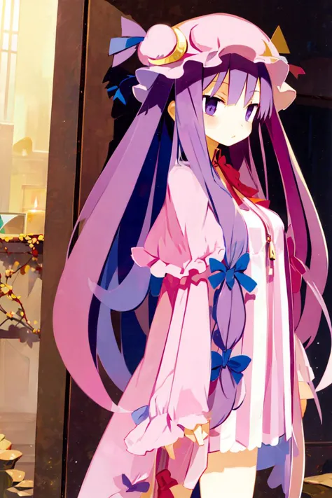 anime girl in pink dress standing in front of a window