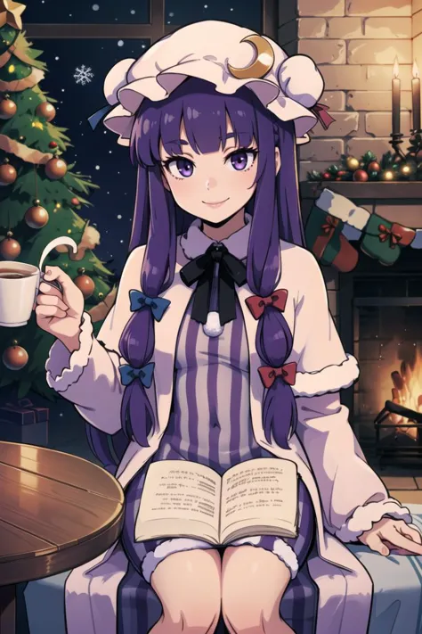 ((Christmas theme, Christmas, Christmas tree ):1.1),
patchouli knowledge, 1girl, dress, (purple hair, purple eyes:1), long hair,...